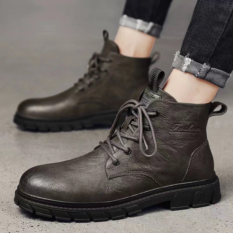 High-top Men's Black Leather Shoes