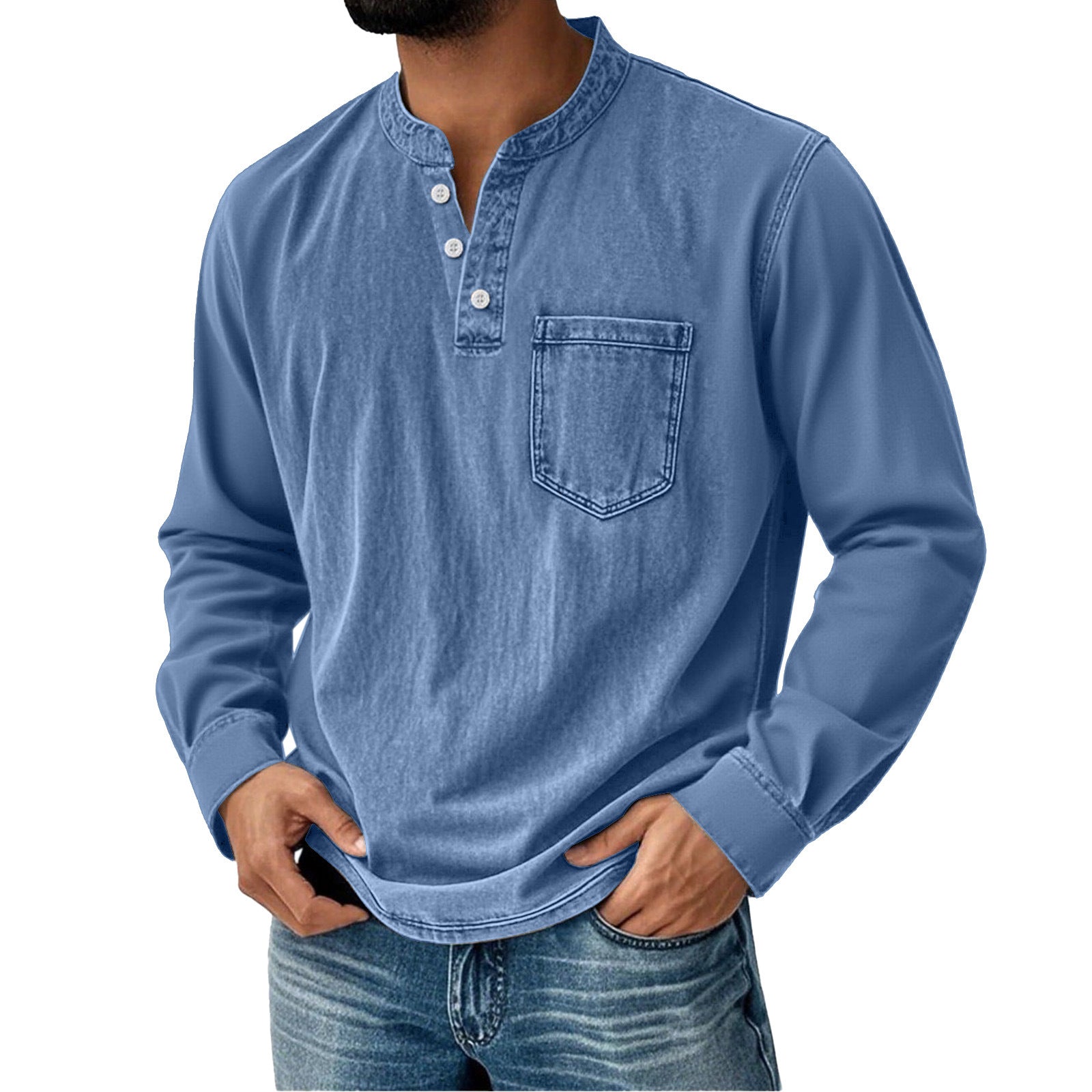 Printed Three-button Long-sleeve T-shirt For Young Men Casual