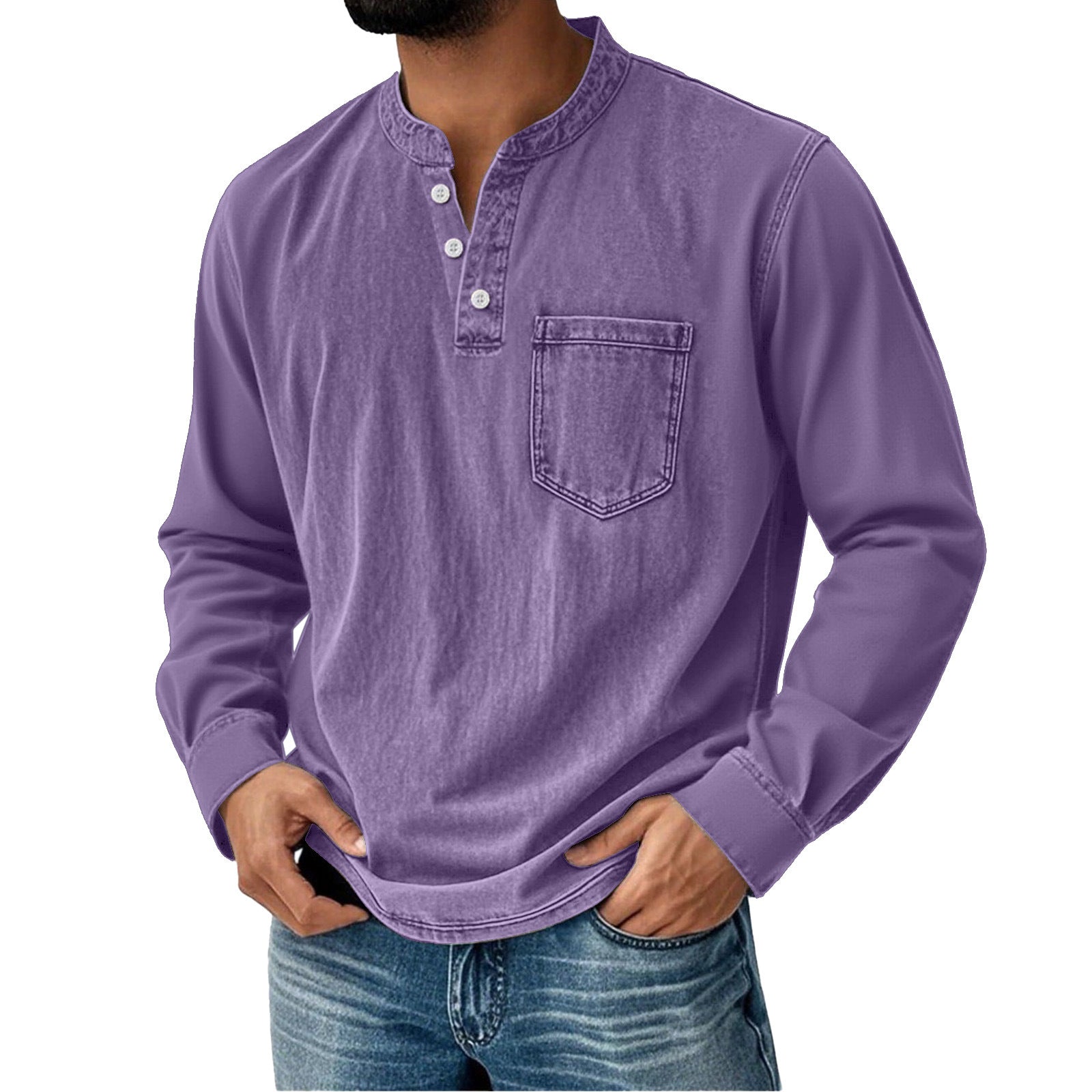 Printed Three-button Long-sleeve T-shirt For Young Men Casual