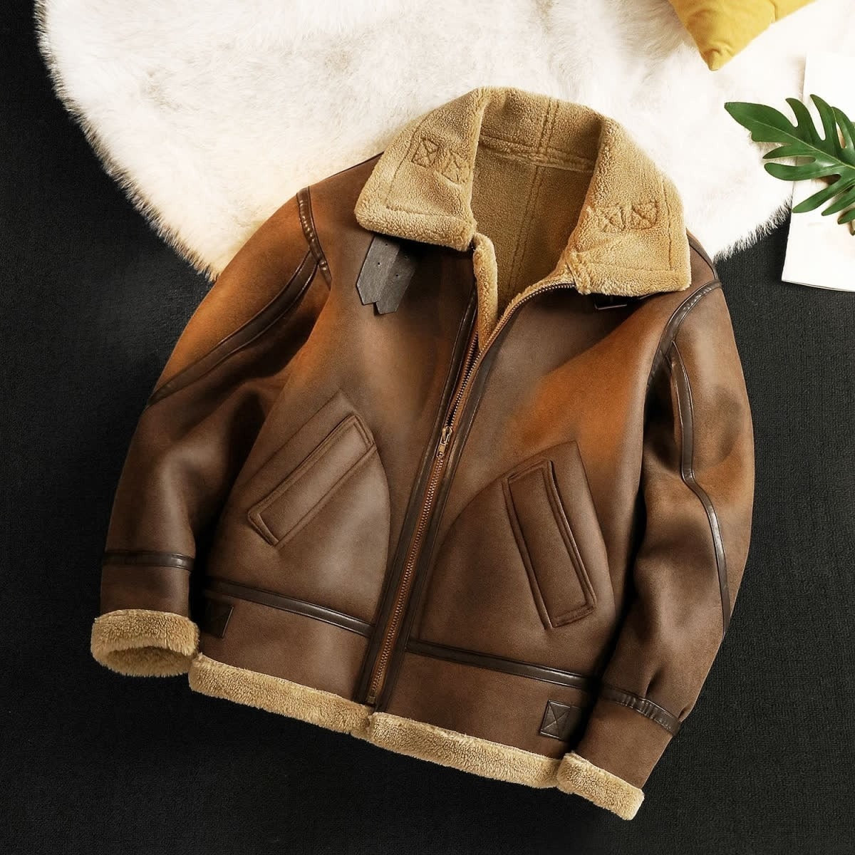 Men's Winter Fleece Cashmere Leather Coat