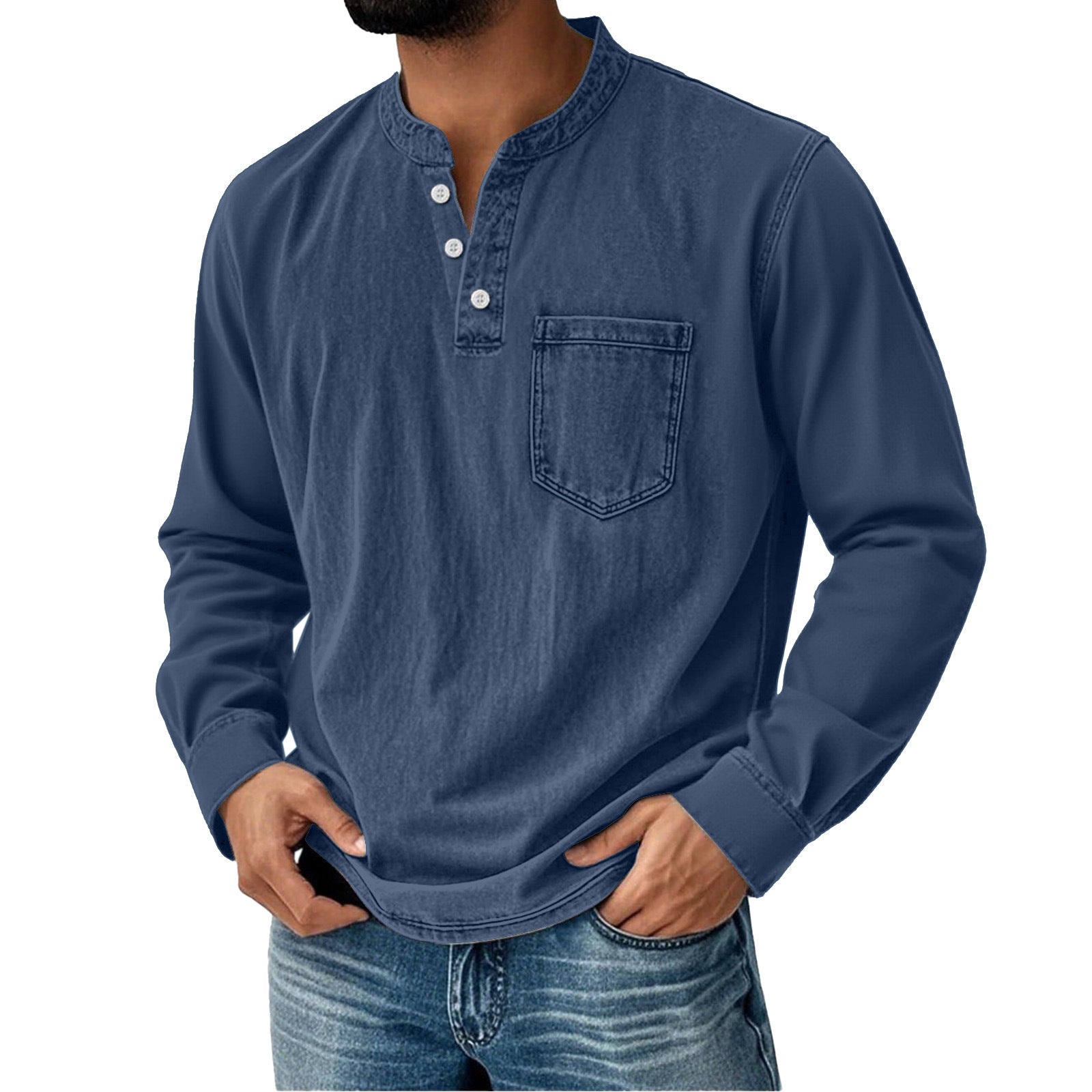 Printed Three-button Long-sleeve T-shirt For Young Men Casual